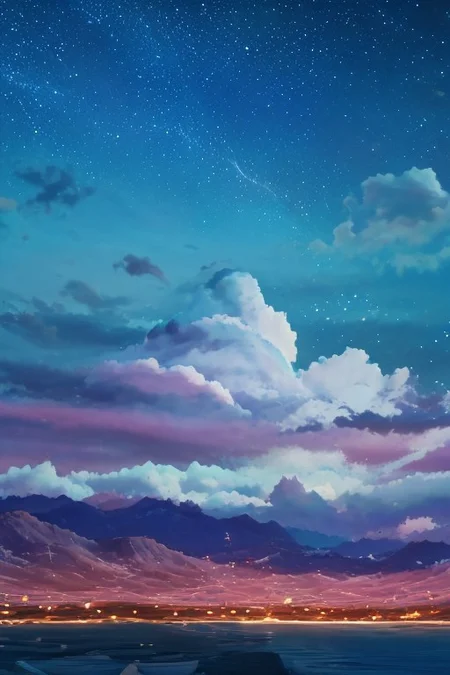 (masterpiece, best quality:1.4), high res, dramatic, scerery, large area sky, starfall, night, sky, stars, <lora:conceptBetterSky_sky:0.7>, puffy clouds, water surface, 3DMM mountain, <lora:Detailed_Places_R-128_v1:0.7>