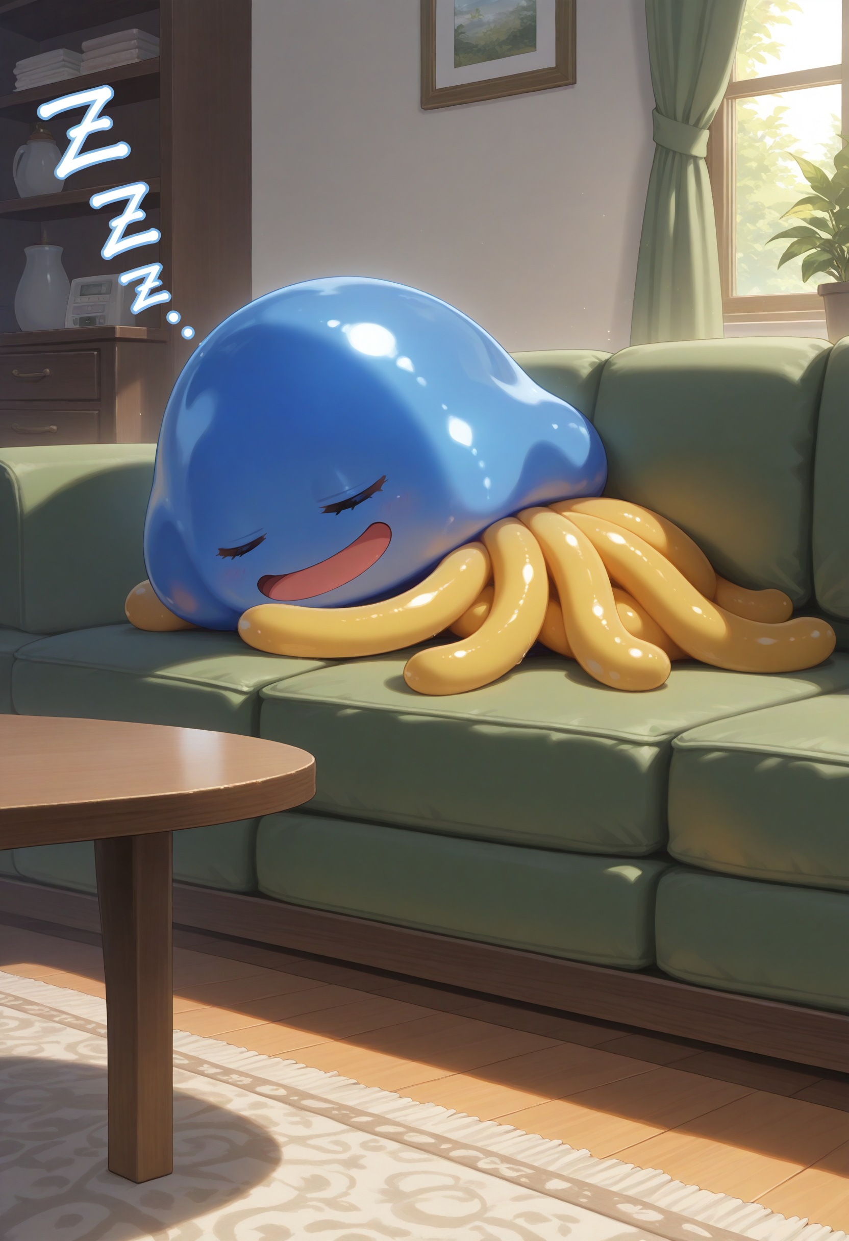 masterpiece,extreme detailed,indoors,living room,table BREAK full body,
BREAK hoimin1,1other,no humans,yellow tentacles,:d,slime (creature),blue_skin,<lora:hoimin_(dq)-NAI:1>,couch,on_side,sleeping,closed eyes,zzz,