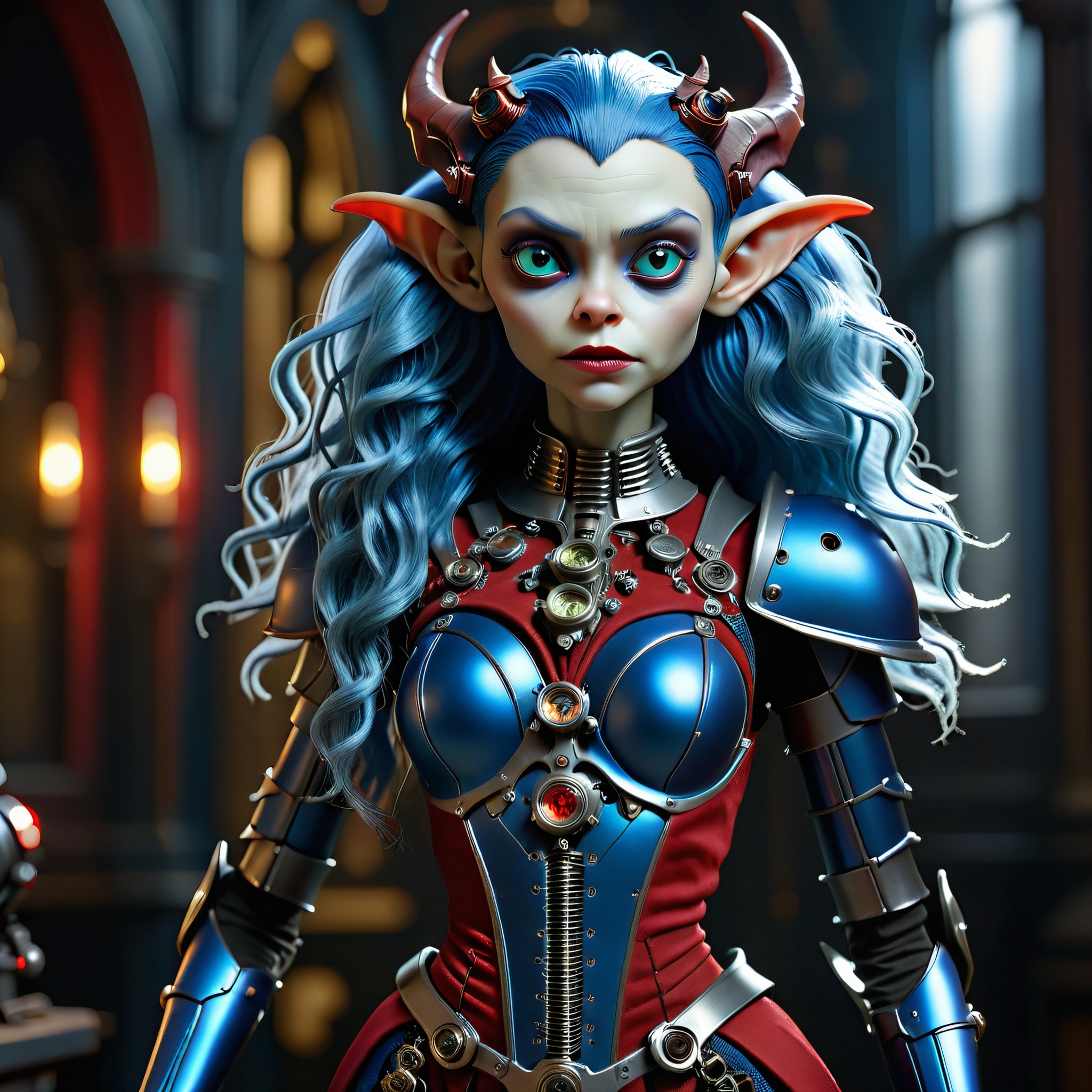 masterpiece, intricate photo of chritmas female mechanical alien android gremlin in knight armor, long blue hair, vampire clothing, nosferatu dress, cyberpunk style, steampunk style, gothic art, red blue dress, hyper realistic, highly detailed, sharp focus, best quality, 8K