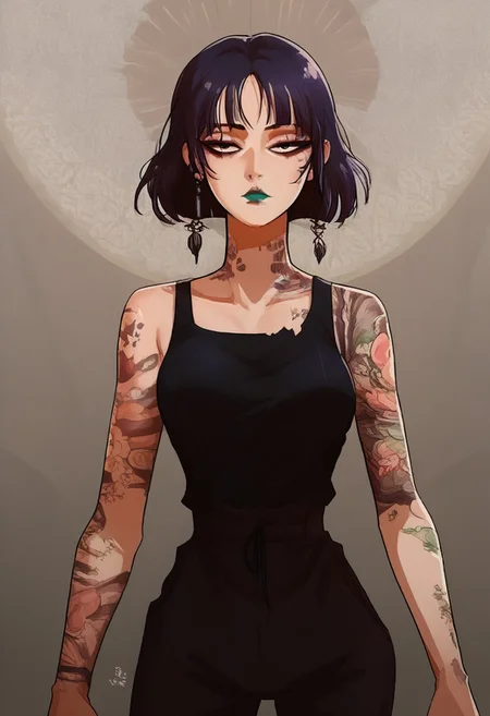 score_9, score_8_up, score_7_up, Expressiveh, source_anime, masterpiece, score_9, score_8_up, score_7_up 1girl, solo, mayabl2, tattoo, makeup, lipstick, half closed eyes, looking at the viewer, (cowboy shot:1.3), (asian, japanese idol:1.3), very short hair, yakuza tattoo, irezumi, (black undersized tank top:1.3), (black oversized pants:1.3), visible ombligo, thin waist,perfect eyes, symetric eyes, half closed eyes, dark bags under eyes, bags under eyes, slim, slender, ripped body, symetric eyes, looking at the viewer, boy haircut