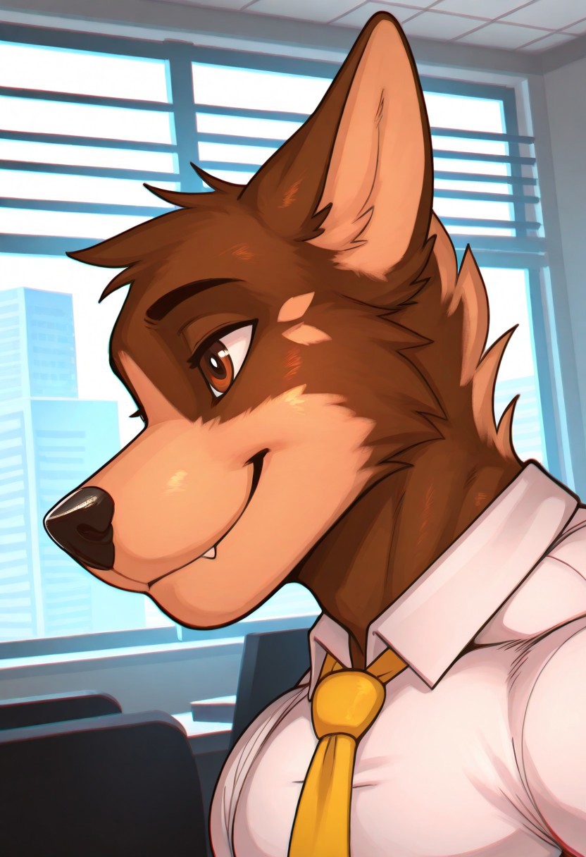 MizukiTNG, solo, furry, husky boy, smile, brown fur, tail, brown eyes, muscular, dynamic angle, face focus, portrait, white collared shirt, yellow necktie, unparalleled masterpiece, best quality, amazing quality, high resolution, chromatic aberration, detailed background, indoors, office, detailed fur, detailed muscles, side angle