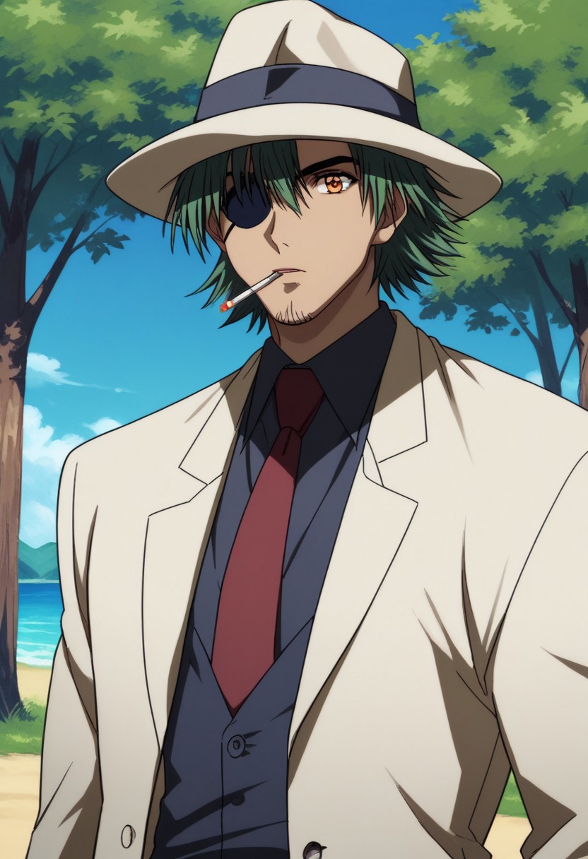 score_9, score_8_up, score_7_up, source_anime, highly detailed, 
sven, 1boy, male focus, solo, hat, necktie, cigarette, facial hair, white headwear, shirt, suit, formal, upper body,brown eyes, eyepatch, green hair, jacket, outdoors, tree, white jacket, black shirt, red necktie, collared shirt, looking at viewer, day, smoking, white suit,
