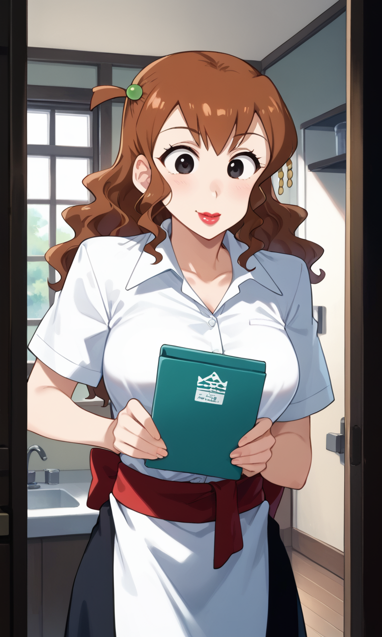 (1girl:1.3), (score_9, score_8_up, score_7_up, score_6_up, score_5_up, score_4_up), (source_anime), rating_questionable, (cowboy shot:1.3), standing, indoors, door, 
 <lora:kutsuzoko_v23:1> (kutsuzoko-atsuko), (black eyes, long hair, brown hair, wavy hair, hair ornament), (lipstick:1.5), (large breasts), smile, waitress