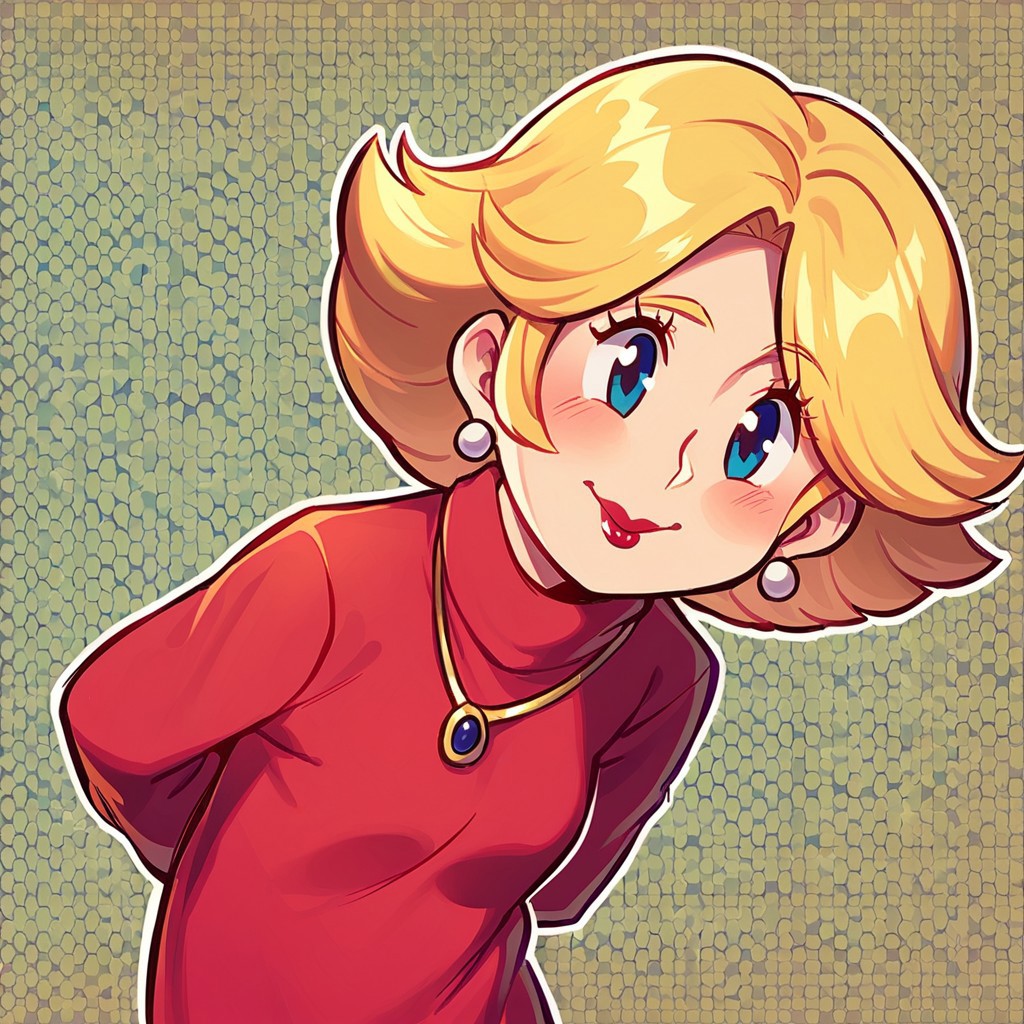 score_7_up, 1girl, human, ness's mom, blonde hair, red dress, red slippers, necklace, earrings, cute, hands behind back, pattern background