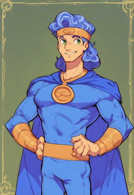 score_9, score_8_up, score_7_up, score_6_up, solo focus, rem_lezar, male, blue hair, cowboy shot, headband, cape, blue clothes, infinity symbol, green meadow, hands on hips, smile