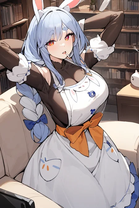 masterpiece, best quality, 1girl, mature female,  <lora:sppekomamadefXL:1> pekomamadef, thick eyebrows, bunny-shaped pupils, rabbit ears, animal ear fluff, apron, dress, detached sleeves, bow, bookshelf, couch, indoors, arm up, arms behind head, cellphone, cigarette, hand up, looking at viewer, parted lips, smoking, solo