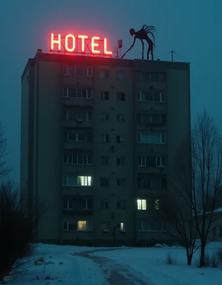 Soviet style apartment, windows lit up, foggy slightly covering the building, snow on ground, winter night, on top is red LED sign that says H O T E L, but the letter E is turned off. Also on top is a large dark figure with long arms and legs and skinny body climbing on the side of the structure, <lora:Dark Cinematic:1> DRK