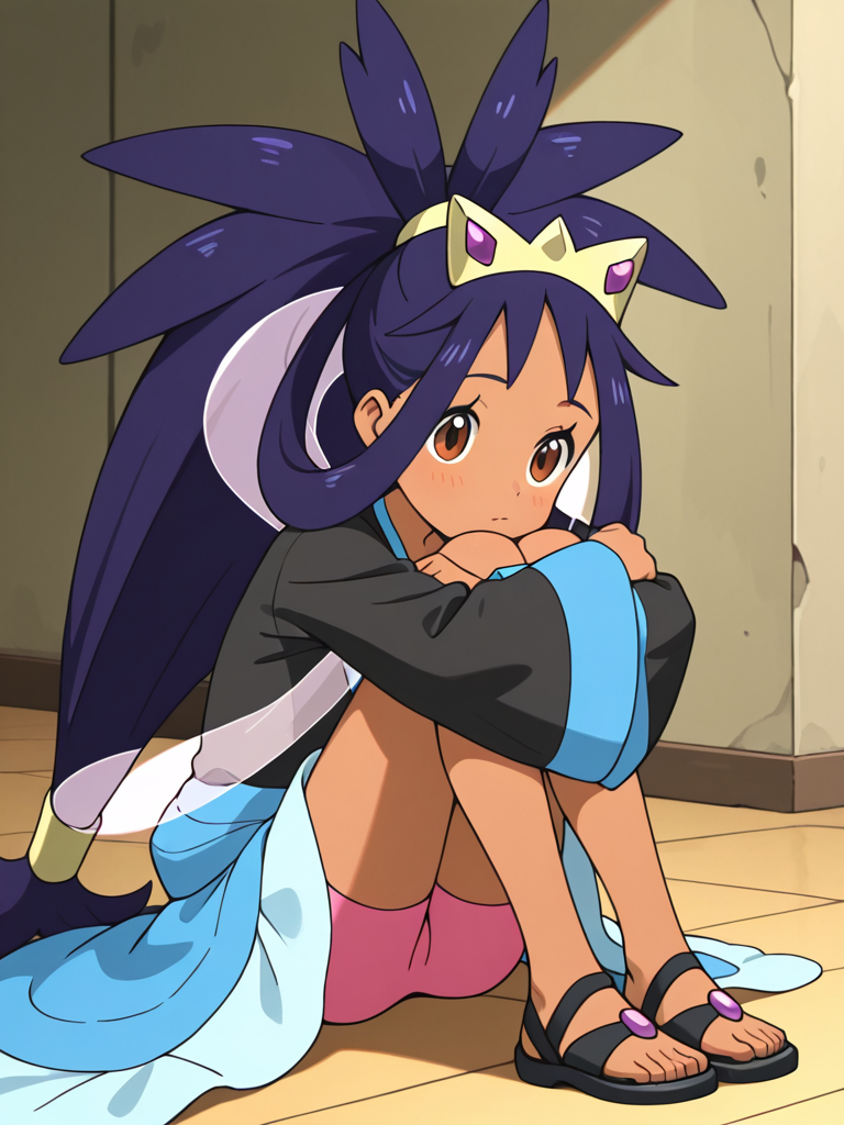 1girl, sitting, on floor, hugging own legs, pink bike shorts, 
<lora:iris_champion_2:0.9> iri5cham1on,ColourEX,
dark-skinned female, dark skin, 
brown eyes, 
purple hair, very long hair, ponytail, spiked hair, hair rings, 
tiara, purple gem tiara,
black shirt, blue v-neck,blue sleeve cuff,
pink see-through shawl, 
middle blue ribbon,blue skirt, pink skirt edge,
golden gem sandal,black sandals,, masterpiece, high quality, absurdres, best quality, very aesthetic, newest,