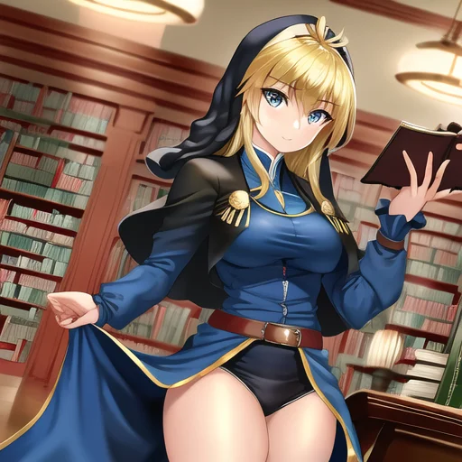 masterpiece, best quality, 1girl, Goeniko, blonde hair, looking at viewer, solo, library