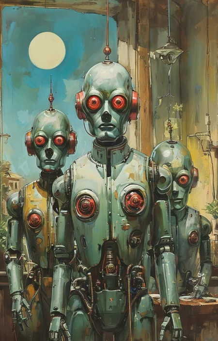 masterpiece,best quality,<lora:tbh281-sdxl:0.9>,illustration,style of Basil Gogos portrait of Housework robots