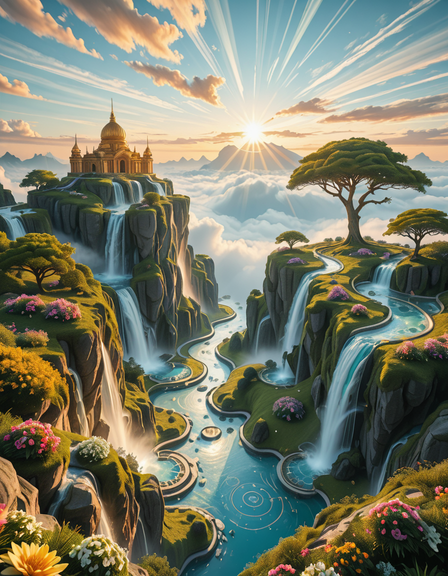 A mesmerizing celestial background featuring an otherworldly paradise. Towering crystalline mountains with peaks that glow softly under a sky painted in shifting hues of iridescent blues, pinks, and golds. Rivers of liquid light flow through vast, open meadows filled with luminescent flowers that pulse with a gentle glow. Gigantic, translucent trees with silver leaves sway in a breeze that carries floating particles of golden dust. Suspended bridges made of shimmering energy connect ancient, floating monoliths engraved with intricate celestial patterns. In the distance, an enormous radiant waterfall cascades into a bottomless, mist-covered abyss, reflecting the surrounding ethereal glow. A tranquil atmosphere, untouched and divine, filled with an overwhelming sense of wonder and serenity.
<lora:SDXLFaeTastic2400:0.4> <lora:extremely_detailed:0.4> extremely detailed,heavenly l4ndsc4p3, <lora:heavenly_l4ndsc4p3-i:1>, Masterpiece,best quality,hi res,8k,hi res,8k,award winning,(sharp focus, intricate, highly detailed),