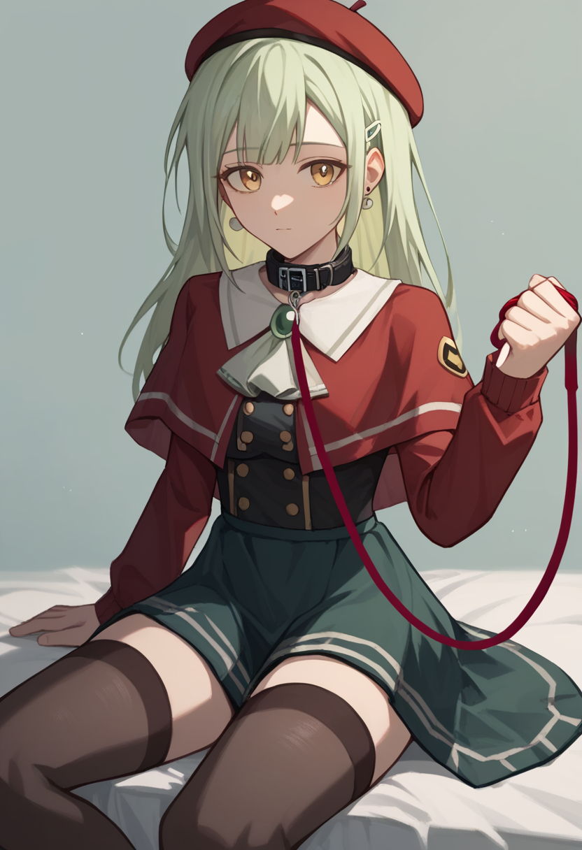 score_9,score_8_up,score_7_up,<lora:wakaba_mutsumi_tomori_pony_v1:1>,earrings, art_program_in_frame, looking_at_viewer, red_beret, chinese_commentary, procreate_\(medium\), sitting, white_ascot, procreate_\(software\), holding_own_leash, highres, unfinished, solo, commentary_request, black_skirt, 1girl, long_sleeves, red_capelet, black_thighhighs, wakaba_mutsumi, black_collar, green_brooch