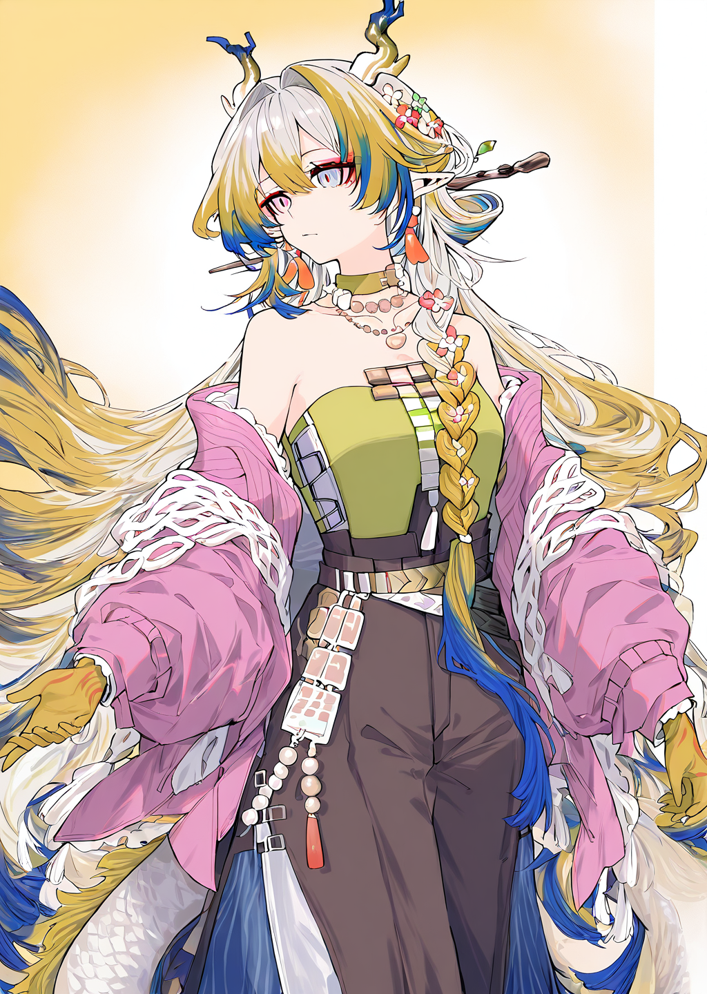 <lora:BebopSensen250208:1>,BebopSensen,<lora:shu_arknights_for_IL:1>,shu_\(spring_feast\)_\(arknights\),dragon horns,multicolored hair,dragon tail,pointy ears,multicolored eyes,streaked hair,side braid,hair stick,green choker,necklace,tassel earrings,hair flower,green tube top,wide pants,pink jacket,off shoulder,sandals,<lora:NOOB_vp1_detailer_by_volnovik_v1:1>,<lora:noobai_ep11_stabilizer_v0.138_fp16:1>,