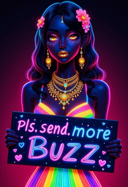 bo-bioluminescent upper body cute sundressi,1girl,glowing neon rainbow dress, glowing neon Gold lipstick, glowing ruined makeup, copious gold jewellery, holding a sign say "Pls send more BUZZ" with hearts, midjourneyv6.1,detailmaximizer