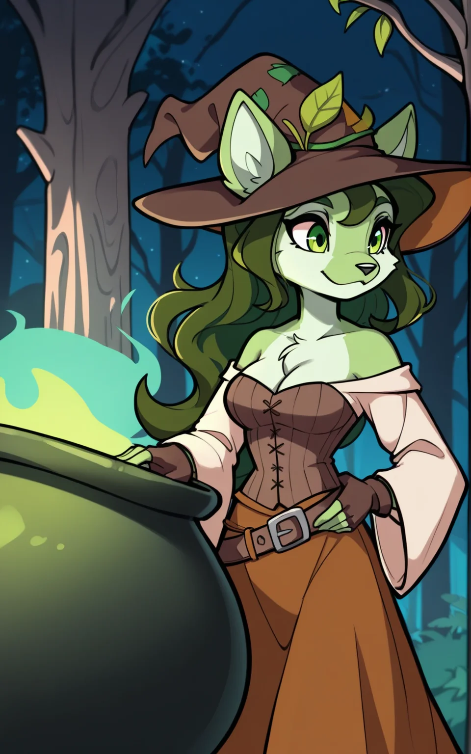 best quality, absurdres,<lora:BolivanteStyleITS:0.8>,<lora:SSWITS:0.8>,SSWITS,long hair, skirt,dress, animal ears, cleavage, green eyes, green hair, belt, wide sleeves, leaf,furry, long skirt, furry female, brown headwear, witch hat, ears through headwear, green fur, animal nose, corset, bare shoulders, long sleeves ,wavy hair,gloves, fingerless gloves,forest, night, ((cauldron)), inside, cabin