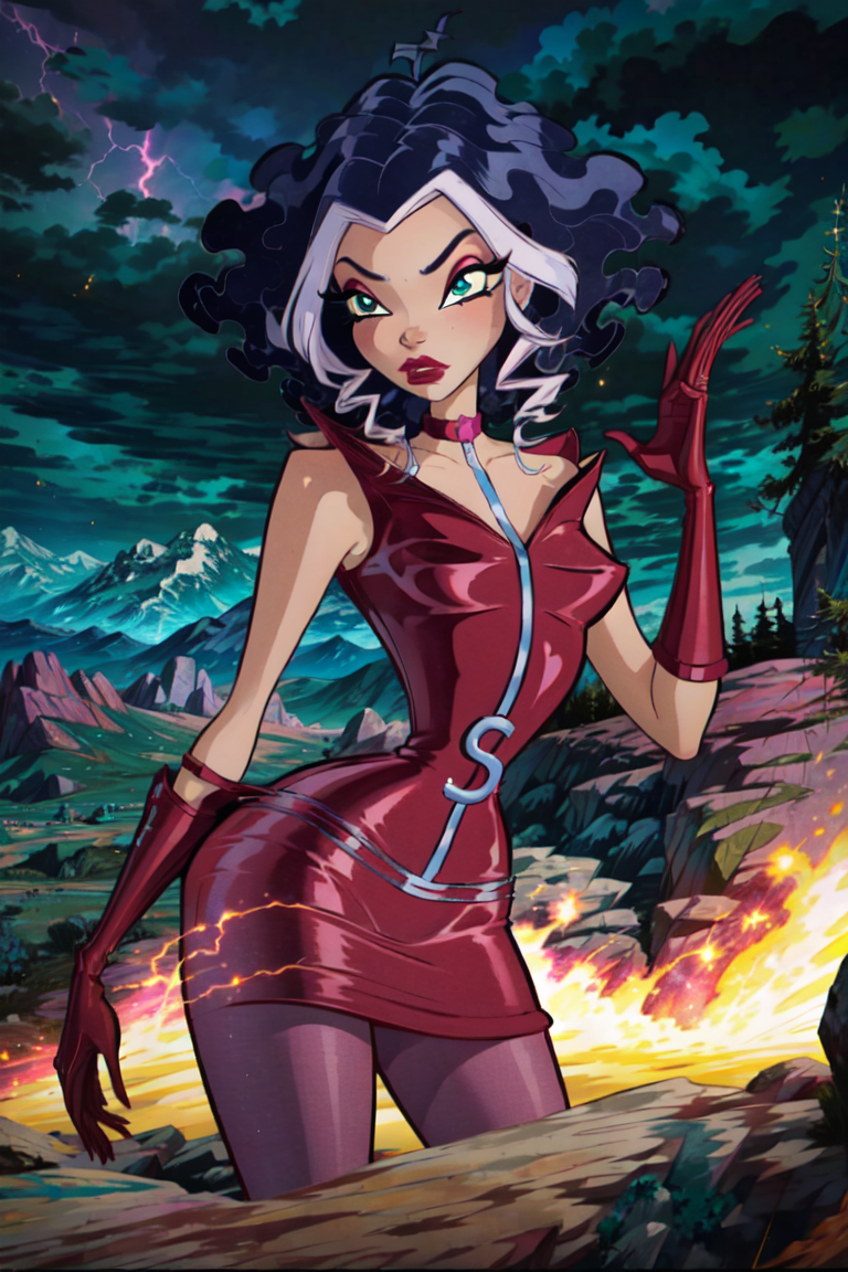 (Stormy), (blue hair), white hair strands, short curly hair, green eyes, (WitchOutfit), choker, red eye makeup, red lips, red dress, pink pantyhose, red boots, gloves, (lightning in the background, mountains, storming, storms), (realistic:1.2), (masterpiece:1.2), (full-body-shot:1),(Cowboy-shot:1.2), neon lighting, dark romantic lighting, (highly detailed:1.2),(detailed face:1.2), (gradients), colorful, detailed eyes, (detailed landscape:1.2), (natural lighting:1.2), close shot, solo, <lora:WinxClubStormy-10:0.9> <lora:add_detail:0.3> <lora:BeautifulEyes:0.6> <lora:WinxComiss_Style-15:0.75>