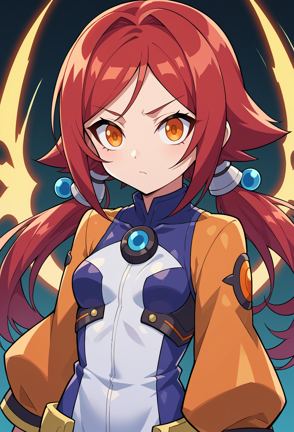 score_9, score_7_up, source_anime, BREAK   <lora:GunvoltMain:1> Azure Striker Gunvolt(Main),, 1girl, red hair, orange eyes, amber eyes, tsurime, swept bangs, parted bangs, low twintails, short hair, medium hair, small breasts,