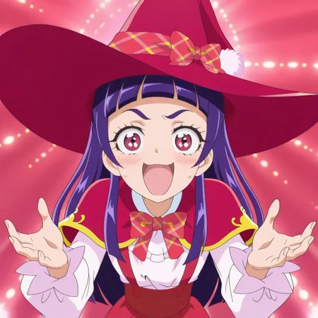 anime screencap, high definition,amazing quality,best quality,very aesthetic,masterpiece,absurdres, BREAK
upper body, 1girl, solo, izayoiriko, pink eyes, purple hair, school uniform, witch, red witch hat, plaid bow, capelet, evil smile, open mouth, blush, looking at viewer, medium breasts,
open arms, open hands, hunchback, leaning forward, radial light panel, umai!, meme,