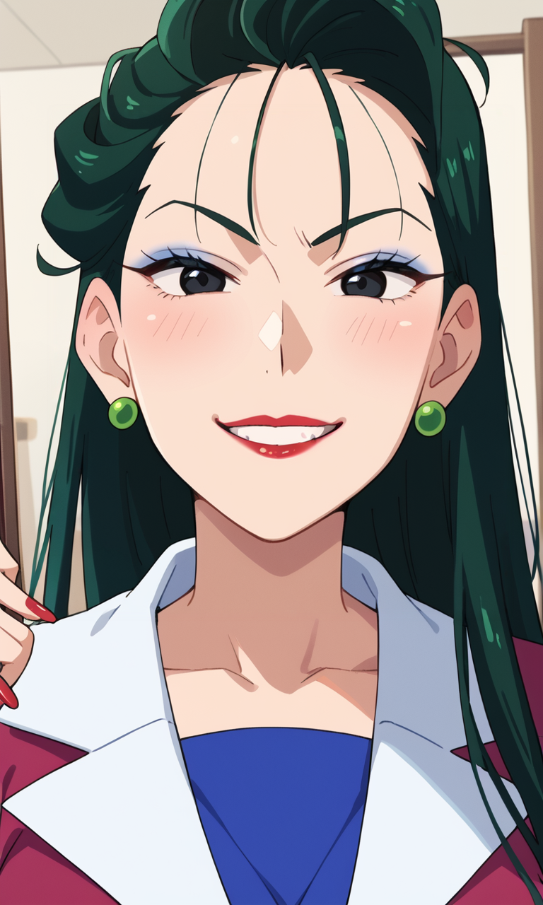 (1girl:1.5), (solo:1.3), (score_9, score_8_up, score_7_up, score_6_up, score_5_up, score_4_up), (source_anime), rating_questionable, indoors, doorway, 
 (looking at viewer:1.3), (evil smile, smirk, close-up, sideways mouth:1.5),  
(urima-kuriyo), (black eyes, eyelashes, blue eyeshadow, dark green hair, long hair, hair slicked back, earrings, red lips, lipstick, makeup, red nail polish), (purple dress, white collar, collared dress, blue inner t-shirt, long sleeves, white footwear), (large breasts), <lora:urima-kuriyo_v1:0.8>