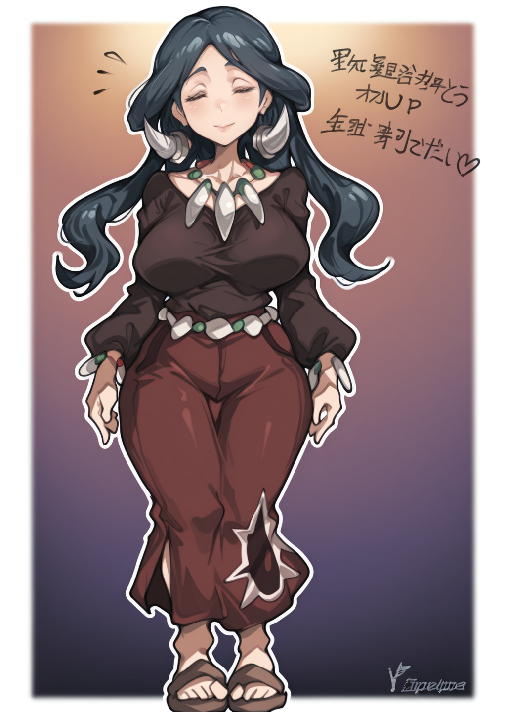 score_9, score_8_up, score_7_up, score_6_up, score_5_up, score_4_up, masterpiece,  detailed, high quality, BREAK, full body, 1girl, shiny skin,    <lora:Drasna (Pokemon X&Y) [Illustrious]:0.8> long hair, black hair, necklace, drasna (pokemon), drasna, eyes closed, hairpiece, closed eyes, mature female,  <lora:iparupua_style_lora_ILL:0.8> iparupua, by iparupua