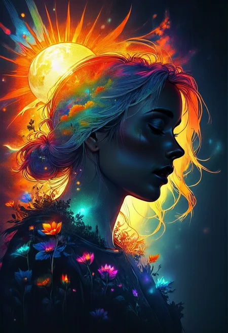 Complex background, sun, sunlight, wonder, ethereal magical atmosphere, dynamic, girlfriend, 1 girl, haute couture, vivid, backlight colors, silhouette colors, cosmic frame, black background, portrait, photo, closed eyes, cinematic perfect, intricate, stunning fine details,
ultra-sharp, exquisite details, flawless composition, vivid colors, masterpiece, exciting background. , High Definition HD, high details, perfect composition,
best quality, ultra-detailed, very aesthetic, illustration, perfect composition, intricate details, absurd, atmospheric lighting, streaks of light, vibrant colors, very detailed, midjourneyv6.1, detail background, perfection, double exposure, Jed-dblexpsre effect