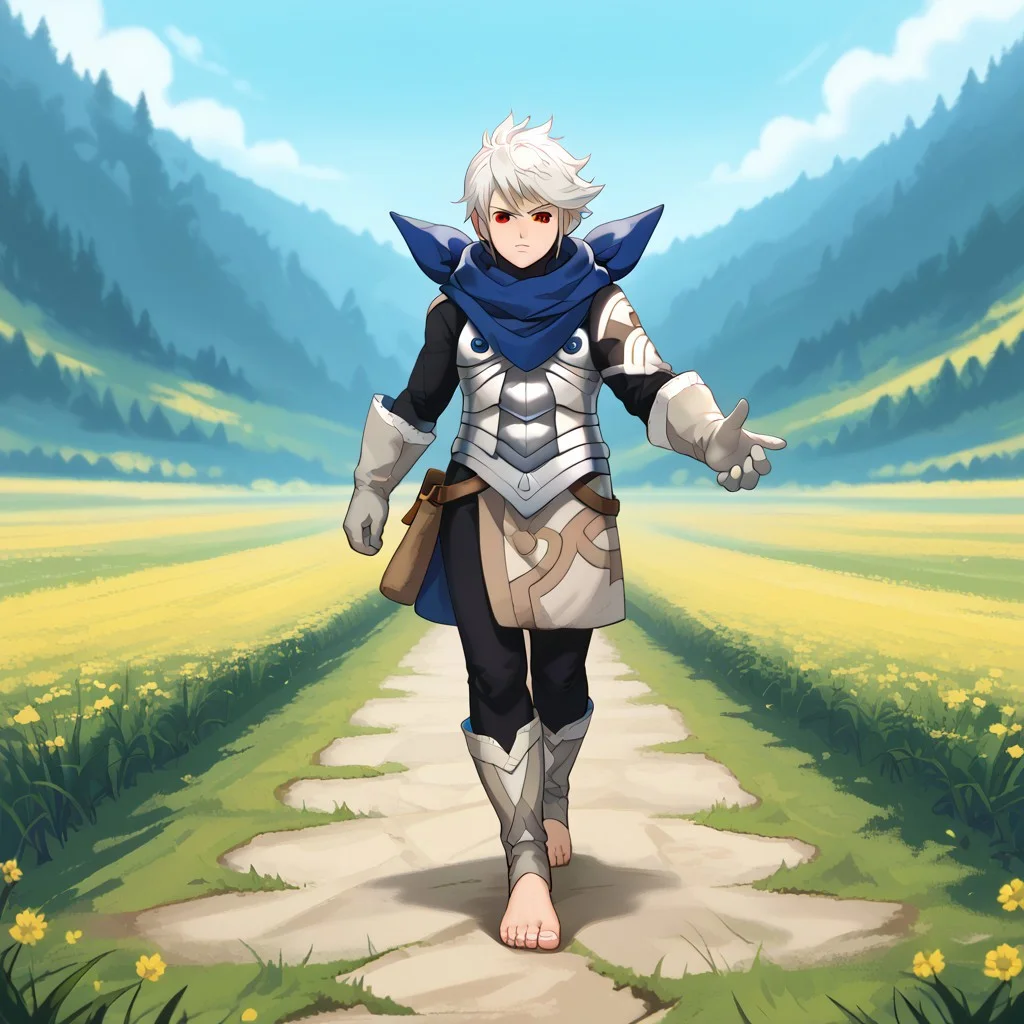 (High Resolution), (More Details), (8K), (High Resolution) , masterpiece, 4k, best quality, sharp aliasing, highly detailed, intricately detailed illustration, by lovkuma, 1male, males body, mature, adult body, grown up, mkana_sdxl, white hair, red eyes, blue scarf, gloves, armor ,toeless footwear, standing, field background, full body view, barefoot, five toes, close up shot, walking pose