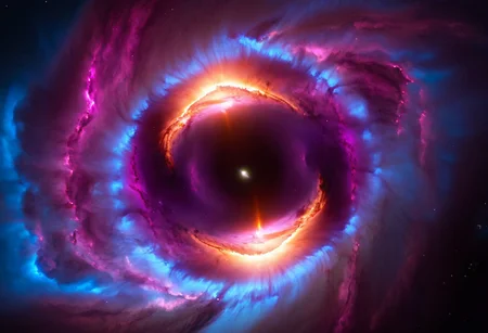 a dynamic and breathtaking image of the universe with vibrant colors and dramatic lighting. Show a swirling nebula in the foreground with bright, intense hues of blue, purple, and pink. In the background, depict a distant galaxy with spiraling arms and scattered stars. Include a supernova explosion, radiating brilliant light, and a mesmerizing black hole at the center, with cosmic debris swirling around it. Add a hint of distant planets and asteroids to create a sense of scale and depth. Make the entire scene feel alive and constantly in motion.
