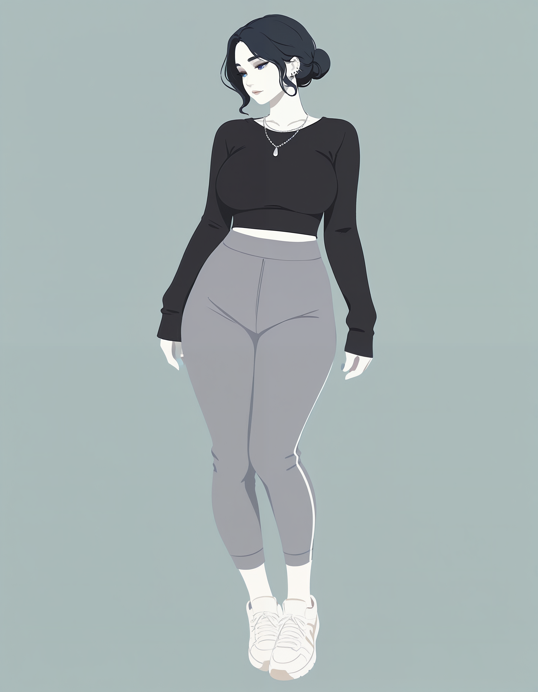 minimalistic, flat color, no lineart, full body, 1girl, mature, black hair bun, bangs, aesthetic face, black pullover, large breasts, dark blue eyes, perfect body, gothic make-up, piercings, tattoos, grey jogging pants, white shoes, silver necklace, pale white skin, simple background