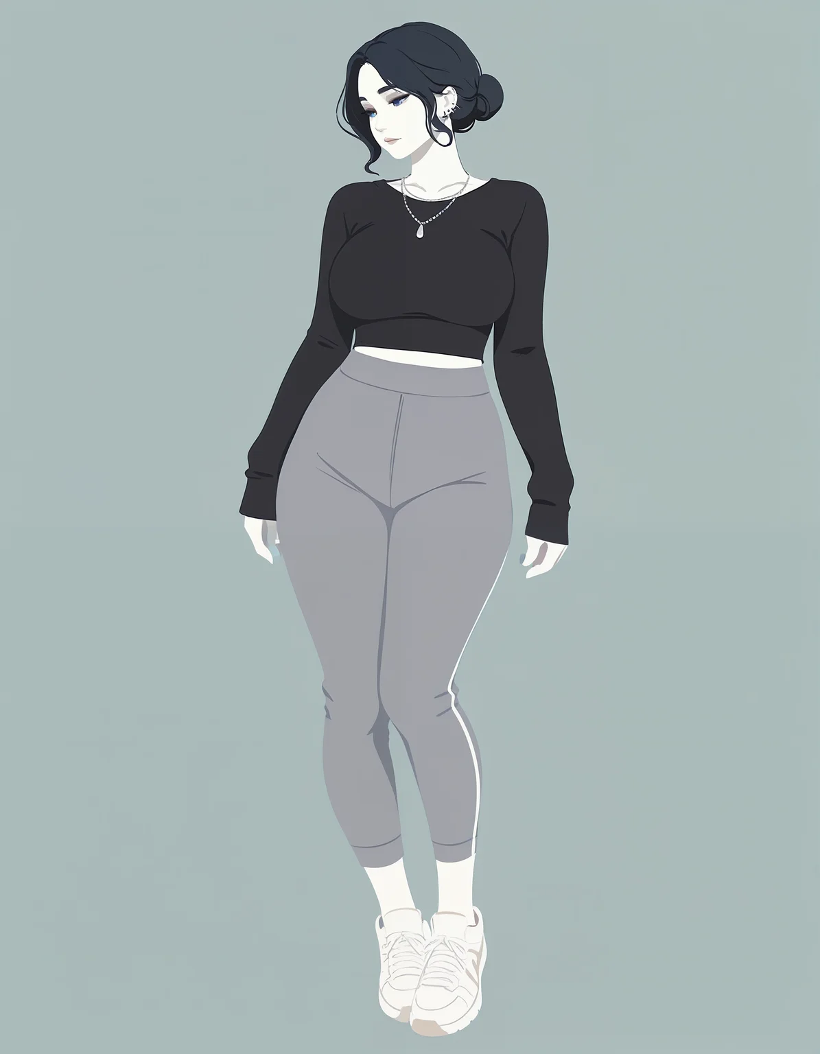 minimalistic, flat color, no lineart, full body, 1girl, mature, black hair bun, bangs, aesthetic face, black pullover, large breasts, dark blue eyes, perfect body, gothic make-up, piercings, tattoos, grey jogging pants, white shoes, silver necklace, pale white skin, simple background