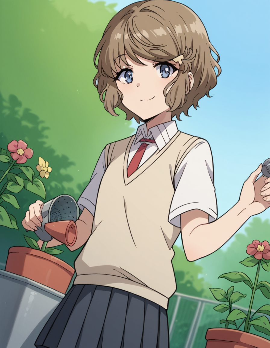 score_9, score_8_up, score_7_up, source_anime, <lora:tomoe-koga-s1-ponyxl-lora-nochekaiser:1>, tomoe koga, short hair, brown hair, blue eyes, hair clip,, skirt, shirt, school uniform, white shirt, short sleeves, pleated skirt, necktie, collared shirt, red necktie, sweater vest,, gardening, watering plants, backyard, flowers blooming, sunny day,, smile, looking at viewer, solo,, cowboy shot, dutch angle