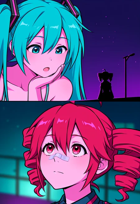 masterpiece, best quality, absurdres, goslingposting_(meme), comic, 2koma, scene reference, neon palette, night,
BREAK
2girls, (hatsune miku, giantess, looking down, looking at another, upper body, open mouth, hand on own chin), (kasane teto, from behind, silhouette)
BREAK
1girl, kasane teto, looking up, bandaid, bandaid on nose, closed mouth, blurry background,
<lora:goslingposting_meme:1>