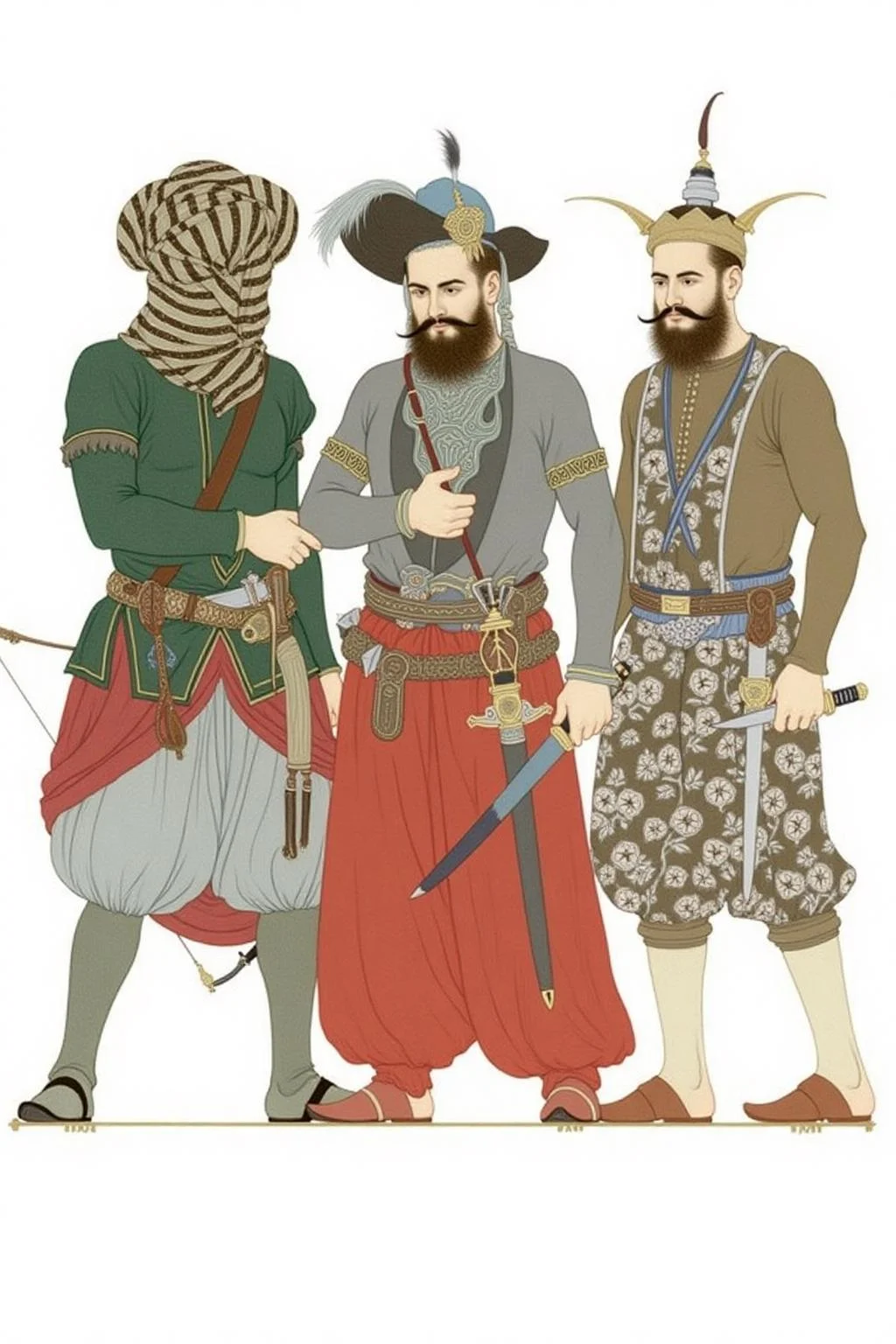 olgadugina1 illustration.
Three Middle Eastern men in traditional Arabian attire each hold different objects. The left figure wears green with a striped head covering, carrying a bow and holding a dagger. The middle figure wears gray and red with a large hat, carrying a long sword. The right figure wears brown with floral patterns and a horned headpiece, holding two daggers. The background is plain. <lora:olgadugina2_cap_d6a3e9:1.0><lora:858114543803435385:0>