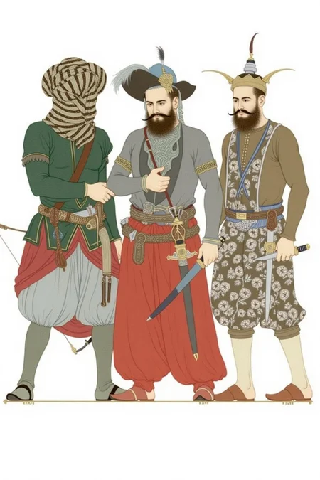 olgadugina1 illustration.
Three Middle Eastern men in traditional Arabian attire each hold different objects. The left figure wears green with a striped head covering, carrying a bow and holding a dagger. The middle figure wears gray and red with a large hat, carrying a long sword. The right figure wears brown with floral patterns and a horned headpiece, holding two daggers. The background is plain. <lora:olgadugina2_cap_d6a3e9:1.0><lora:858114543803435385:0>