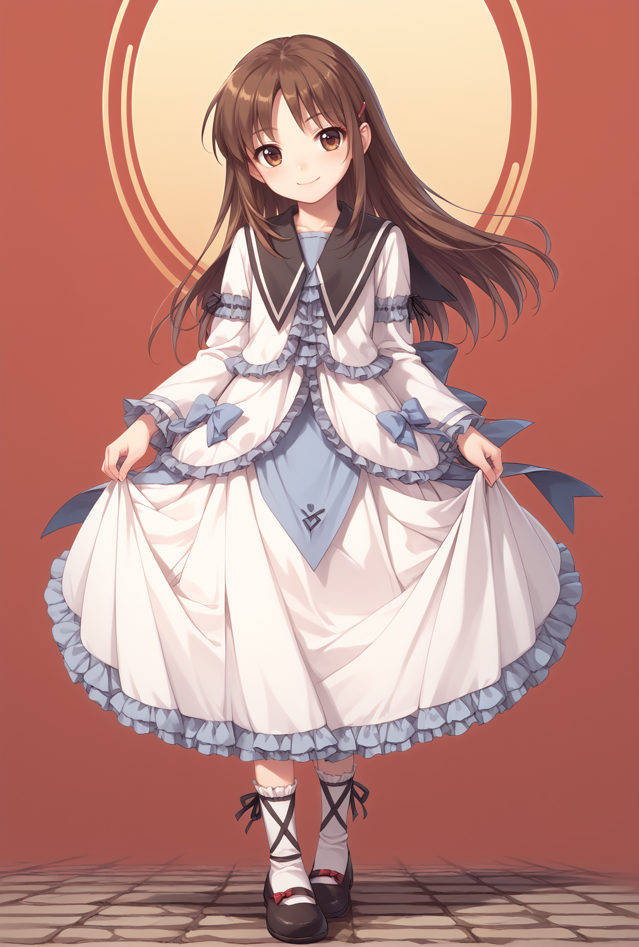 score_9, score_8_up, score_7_up, score_6_up, score_5_up, score_4_up,anime source,
 Renne(lo), frilled dress,lo shoes,frilled socks,
  tomo,1girl,brown hair,brown eyes,long hair, hairclip,smile,
full body, skirt lift<lora:RenneloXLPony:1>,<lora:TomoXLPony:0.8>