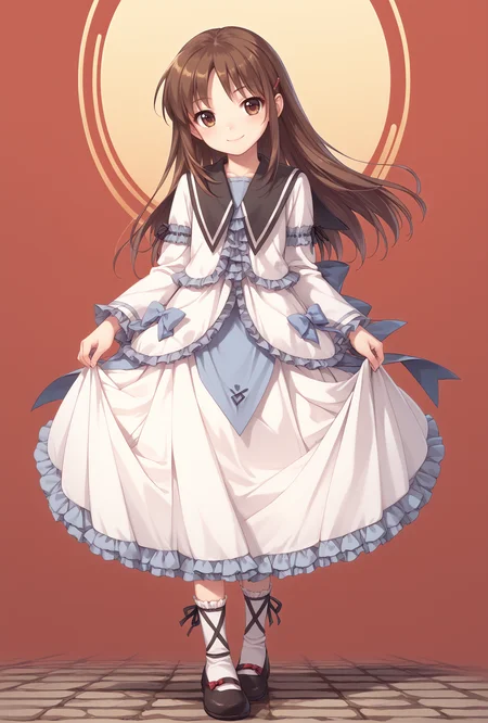 score_9, score_8_up, score_7_up, score_6_up, score_5_up, score_4_up,anime source,
Renne(lo), frilled dress,lo shoes,frilled socks,
tomo,1girl,brown hair,brown eyes,long hair, hairclip,smile,
full body, skirt lift<lora:RenneloXLPony:1>,<lora:TomoXLPony:0.8>
