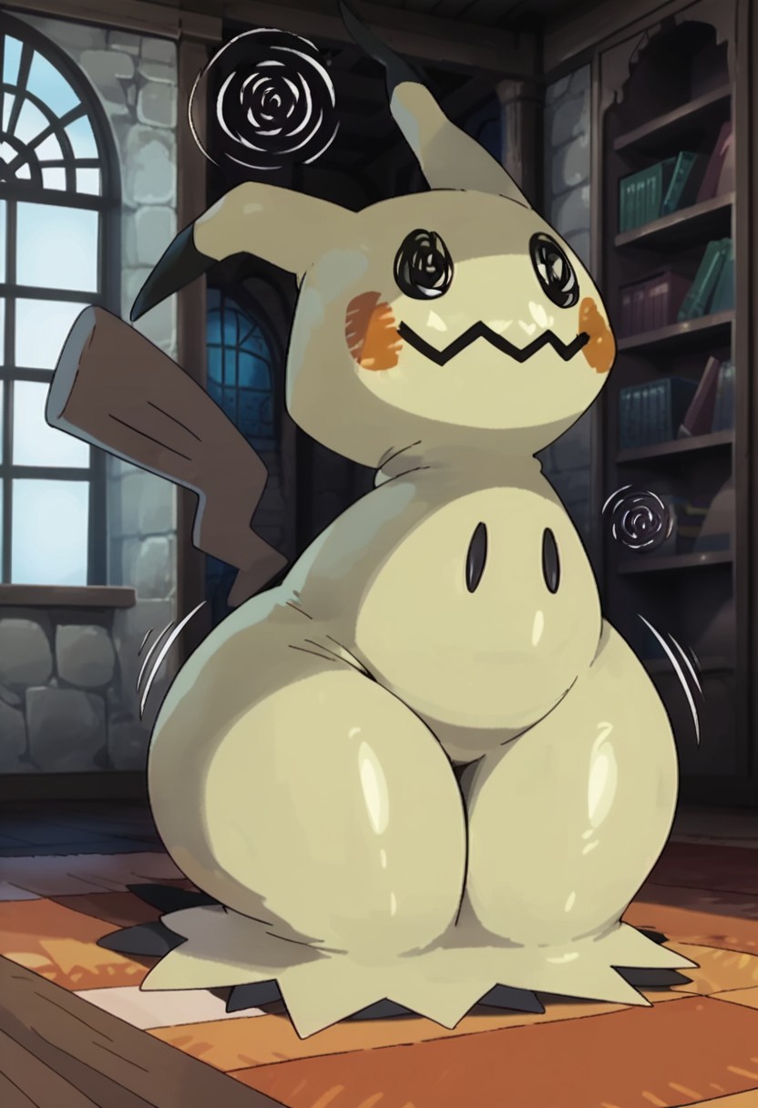 score_9, score_8_up, score_7_up, pokemon, solo, 1girl, full body, Mimikyu, solo, pokemon (creature), no humans, animal focus, mimikyu, smiling, motion lines, detailed background, indoors, mansion, shortstack, wide hips, huge hips, thick thighs, big butt, bubble butt, bottom heavy, ((defined thighs)), plump thighs, massive thighs, hyper thighs