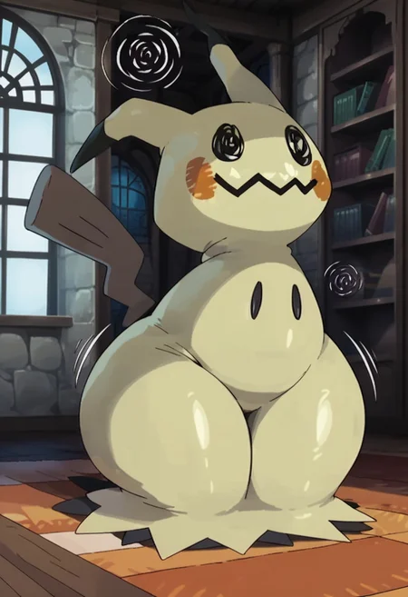 score_9, score_8_up, score_7_up, pokemon, solo, 1girl, full body, Mimikyu, solo, pokemon (creature), no humans, animal focus, mimikyu, smiling, motion lines, detailed background, indoors, mansion, shortstack, wide hips, huge hips, thick thighs, big butt, bubble butt, bottom heavy, ((defined thighs)), plump thighs, massive thighs, hyper thighs
