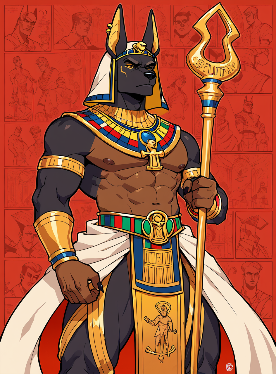 score_9, score_8_up, score_7_up, Anubis, gold accents, 1man, jackal boy,  bullypxl, comic wallpaper, <lora:bullypxl:0.8>, red background, Egyptian god,  outline, headdress, scepter,
