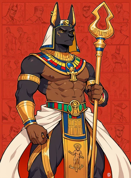 score_9, score_8_up, score_7_up, Anubis, gold accents, 1man, jackal boy, bullypxl, comic wallpaper, <lora:bullypxl:0.8>, red background, Egyptian god, outline, headdress, scepter,