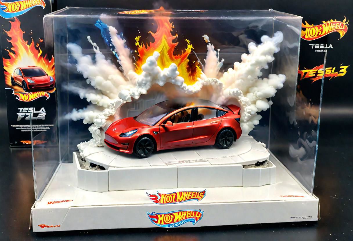 Hot Wheels toy car company have made a toy car version of a Tesla Model 3, The toy telsa model 3 car comes in a mini display unit/box. The car is exploding into fire and flames, white smoke fills the top of the display box, (realistic explosion from car), (realistic Flames bellow from the car windows inside the display unit),  (standing next to the car is a little palstic toy man, he holds both arms in the air,
