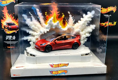 Hot Wheels toy car company have made a toy car version of a Tesla Model 3, The toy telsa model 3 car comes in a mini display unit/box. The car is exploding into fire and flames, white smoke fills the top of the display box, (realistic explosion from car), (realistic Flames bellow from the car windows inside the display unit), (standing next to the car is a little palstic toy man, he holds both arms in the air,