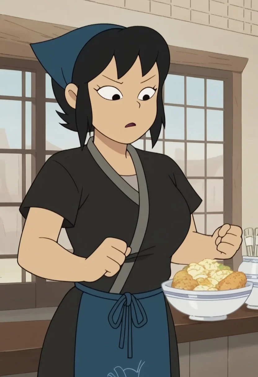 score_9, score_8_up, score_7_up, source_anime, anime screencap, kazumi watanabe, 1girl, solo, black hair, short hair, black eyes,large breasts, apron, japanese clothes, kimono, black shirt, shirt,head scarf,short sleeves, indoor, sexy pose,