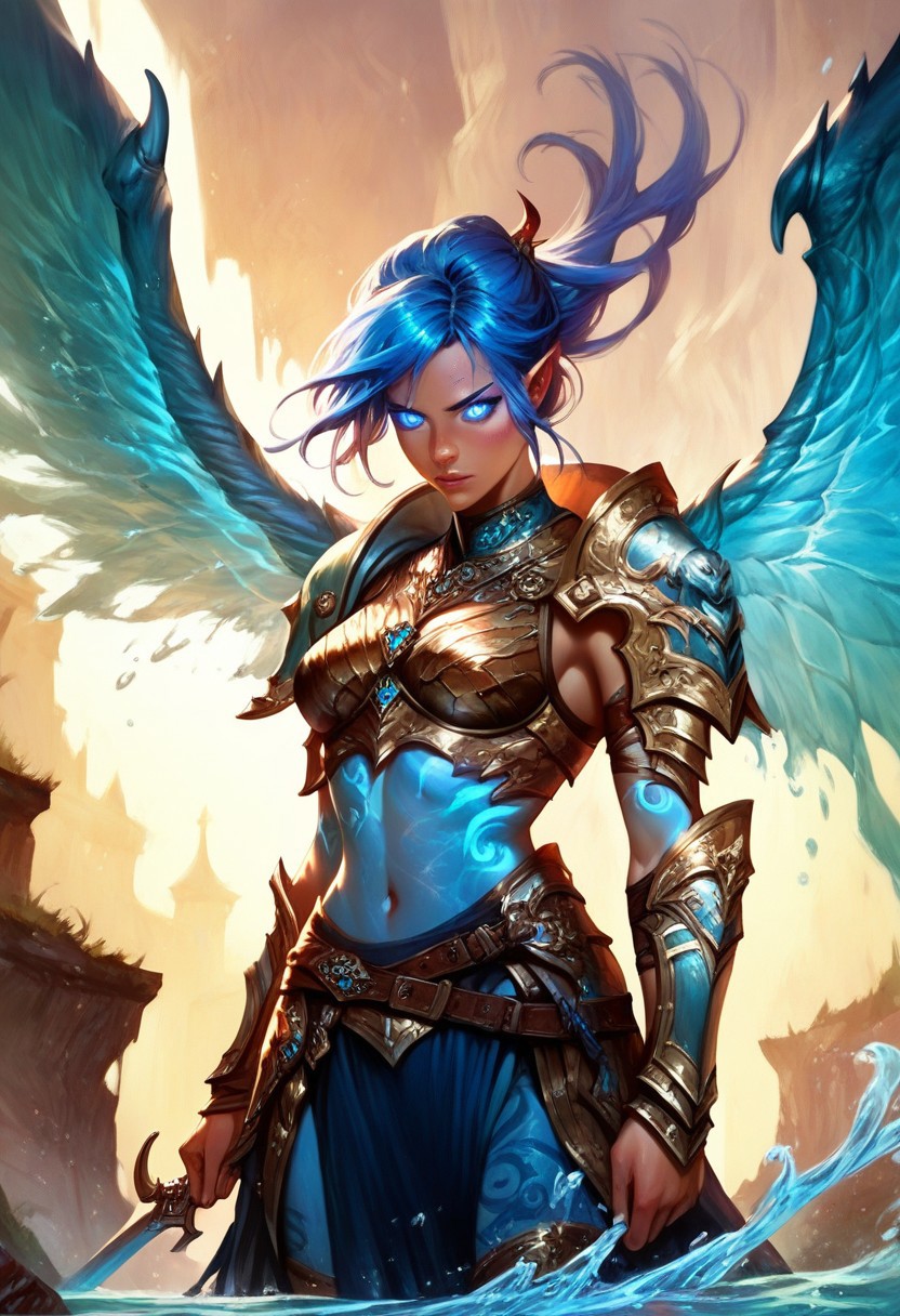 score_9, score_8_up, score_7_up, detailed face, detailed eyes, 1girl, solo, wings, w4t3rwings, water, armor, blue hair, fantasy background, glowing eyes, cowboy shot,