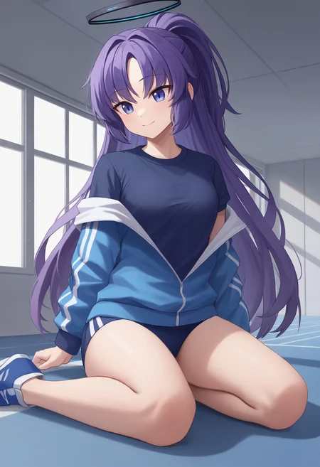 zPDXL, source_anime, BREAK
hayase yuuka, ponytail, gym uniform, open jacket, halo,
light smile, closed mouth,
sitting,
indoors, <lora:yuuka-ponyxl-kohya-000007:0.8>