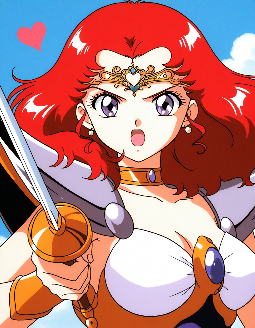 general,highres, ultra-detailed,very aesthetic,best quality ,best hands,  BREAK <lora:Scarlett_ohara_IS:1> Scarlett_ohara, 1girl,solo, red hair, long hair, purple eyes, breasts, 1990s (style), anime coloring, 
weapon, sword, solo, armor, short hair, jewelry, open mouth, choker, tiara, earrings, rapier, holding, blue eyes, shoulder armor, parody,
 holding weapon, heart, looking at viewer, circlet,
day, say,