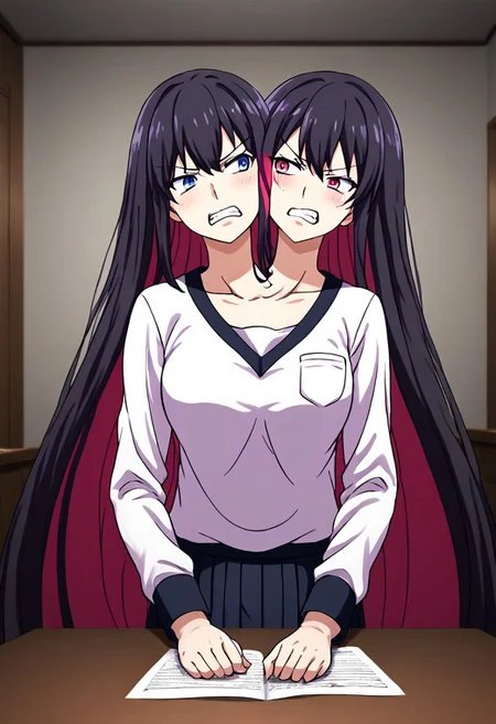 8K, HD,<lora: Two_heads_XL_anime_trained_edition_for_pony:1.1>, easynegative, conjoined, Japan anime, two heads, BREAK female, random color hair, random ((short hair, very long hair, very long straight hair, wave hair, thick hair, furry hair)), ((2 different hairstyles)), ((2 tones color of hairstyles)), (((2 tones color hair))), ((human)), anime, BREAK female, Japanese School uniform, look at each other, face to face, ((argue, argument, arguing)), angry mood, lady, girl, debate conference background, stand behind the podium table