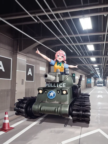 masterpiece,best quality,newest,
1girl,solo,
<lora:mpl_ilxl_v1.1>,m_p_l,car,ground vehicle,road sign,traffic cone,vanishing point,high ceiling,<lora:Fixhands_anime_bdsqlsz_V1:1>,<lora:momo_ilxl_v1.8:1>,momo,pink hair,low twintails,purple eyes,h_o,hair ornaments,m_clothes,short sleeve blouse,yellow vest,green bowtie,upper_body,<lora:IL_bonaparte_tank:1>,d_bn,bonaparte /(tank/),turret,cannon,minigun,smoke projector,left-air intake,police,emblem,star \(symbol\),caterpillar tracks,laughing,outstretched arm,pointing,