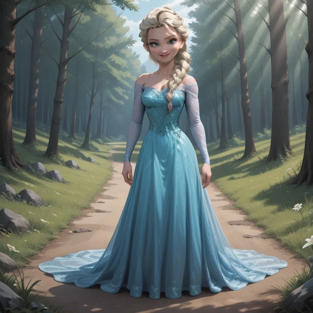 score_9, score_8, BREAK, solo, Elsa_(Frozen), platinum blonde hair, braided ponytail, blue eyes, eyeshadow, lipstick, cyan long dress, cyan heels, self portrait, smile, looking at viewer, outdoors, sunlight, shadows, evening lighting, natural lighting, forest, trees, grass, orange sky, sunset