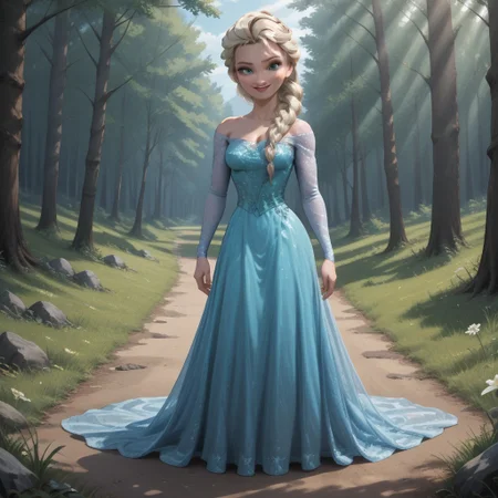score_9, score_8, BREAK, solo, Elsa_(Frozen), platinum blonde hair, braided ponytail, blue eyes, eyeshadow, lipstick, cyan long dress, cyan heels, self portrait, smile, looking at viewer, outdoors, sunlight, shadows, evening lighting, natural lighting, forest, trees, grass, orange sky, sunset