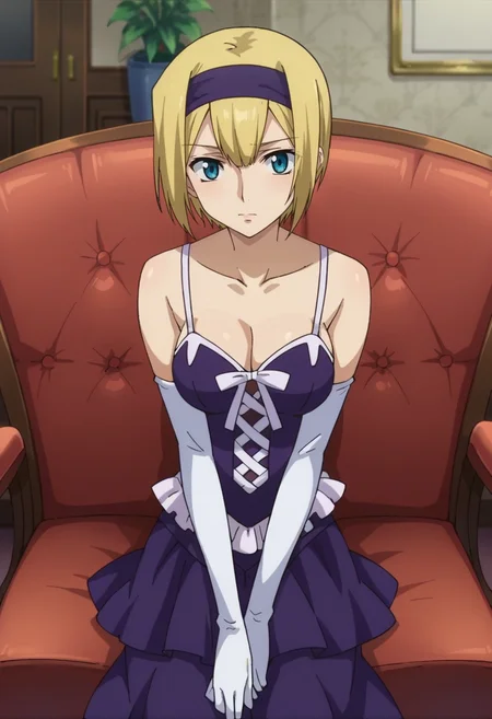score_9,score_8_up,score_7_up,anime coloring BREAK source_anime,anime,<lora:Louise_Halevy_Gundam_00_Pony:0.7>,louise,1girl,solo,blue eyes,blonde hair,short hair,purple hairband,cleavage,purple dress,bare shoulders,elbow gloves,sitting,indoors,couch,
